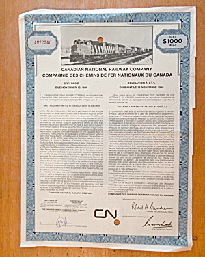 1986 Canadian National Railway Co Stock Certificate