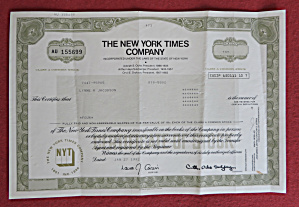 1992 The New York Times Company Stock Certificate