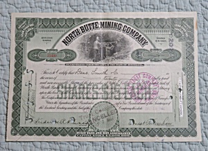 1907 North Butte Mining Company Stock Certificate