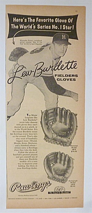 1958 Rawlings Fielders Glove With Lew Burdette