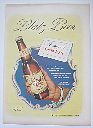 1945 Blatz Beer With A Hand Holding A Bottle Of Beer