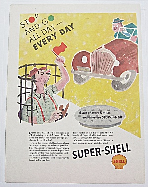 1937 Super Shell Gas W Man In Manhole While Waving Flag
