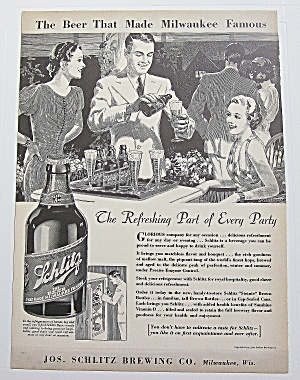 1937 Schlitz Beer With Man Pouring Beer At Party