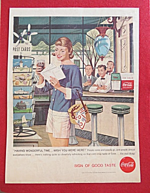1958 Coca Cola (Coke) With Girl Looking At Postcards
