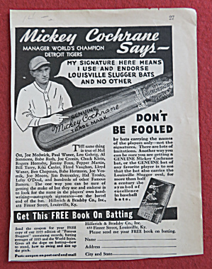 1936 Louisville Slugger Bat With Mickey Cochrane