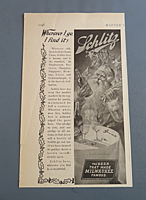 1900 Schlitz Beer With Santa Claus Holding A Bottle
