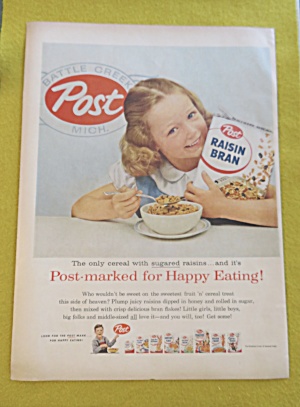 1956 Post Raisin Bran With Girl & Bowl Of Cereal & Box