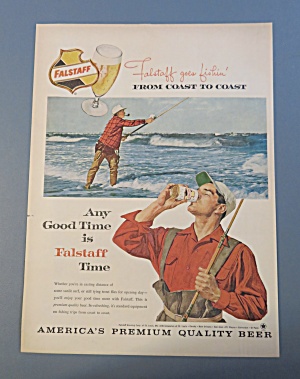 1960 Falstaff Beer With Man Fishing & Drinking Beer