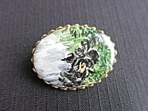 Scenic Painted Brooch Pin 1970s