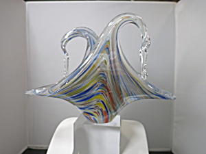 Murano Glass Hand Blown Swan Stretched Basket Bowl Candy Dish