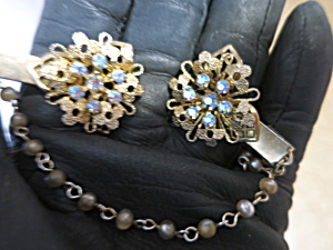 Vintage Sweater Clip With Rhinestones And Faux Pearls Gold Tone M