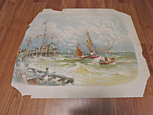 French Seascape Boat Sailboat Pier With Flag Lithograph Remains
