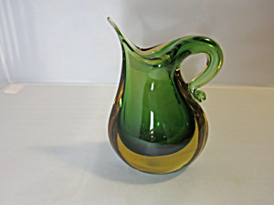 Murano Sommerso Glass Vase Pitcher Green Yellow Clear Submerged