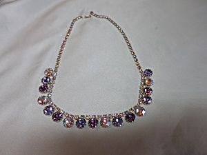 Vintage Aurora Borealis Necklace Fauceted Cut Purple Silver Tone
