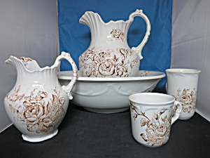 Floral Brown Transferware Ironstone Pitcher Bowl Tumbler Cup 5pc
