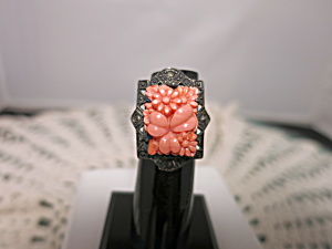Art Deco Coral Carved Sterling Ring Size 4 With Marcacites