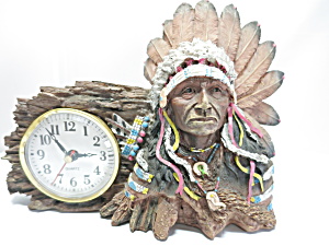 Vintage Indian Chief Figural Clock Quartz Painted Coldcast Resin