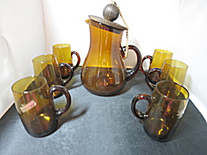 Amber Glass Pitcher And Mug Asymmetrical Set Spain Mid Century