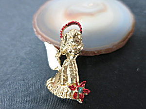 Vintage Angel Pin Christmas Holiday Red White On Gold Tone