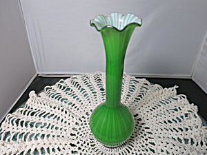 Vintage Cased Blown Glass Vase White Green Stripe