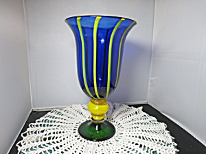 Blown Cased Art Glass Vase Blue Yellow Clear Green 11 3/4 Inches