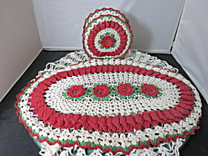 Vintage Crochet Doily Napkin Holder And Hot Pad 2pc Set