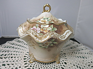 Nippon Biscuit Jar Hand Painted Floral Footed Gold Trim Gorgeous