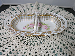 Vintage I M Germany Candy Dish With Handle Roses Gold Trim