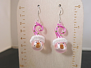 Blown Glass Snowman Head Dangle Fishhook Pierced Earrings Pink Ha