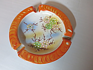 Art Deco Porcelain Enameled Ashtray Floral Orange Swirl Rim Japan