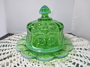 Green Opalescent Butter Dish Mosser Cambridge Glass Cherry Cable