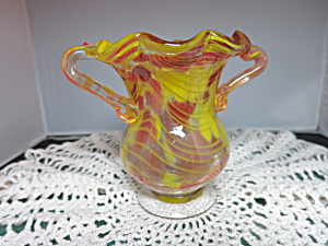 Art Glass Vase Double Handled Footed Geometric Spatterrware Wave