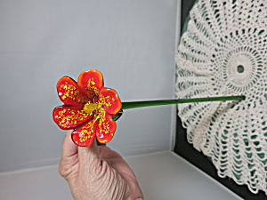 Artisan Blown Glass Flower Figurine Orange Red Green With Yellow