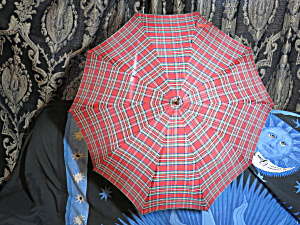 Vintage Umbrella Foo Bamboo Hook Handle Red Plaid