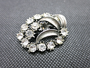 Vintage Pin Silver Tone Leaf With Crystal Clear Foil Back Stones