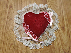 Vintage Heart Pin Cushion Red Velvet Floral Applique Lace Trim