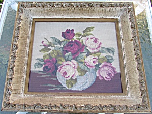 Floral Rose Needlepoint In Gesso Frame Signed And Dated