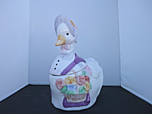 Duck Cookie Jar Purple Hat And Flowers China Late 1970s