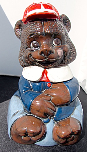 Bear With Hat Cookie Jar Hand Made Ceramic 1975