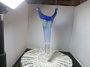 Blown Art Glass Hanging Vase Cobalt Blue Silver Clear 13 3/4 Inch
