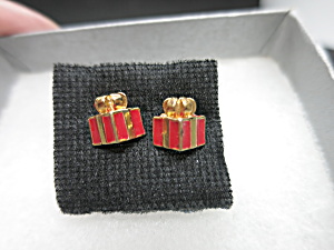 Vintage Christmas Present Pierced Earrings Red Enamel Gold Tone