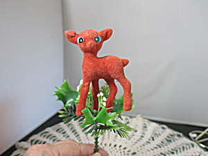 Vintage Red Flocked Deer Flower Pick Plastic Holly Pick