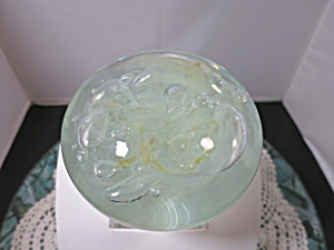 Vintage Art Glass Paperweight Green Yellow White Clear Bubbles