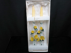 Yellow Floral Taper Candles Vintage Hand Decorated 12in