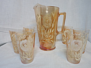 Jeanette Glass Cosmos Pitcher With 6 Tumblers 7 Pc Set