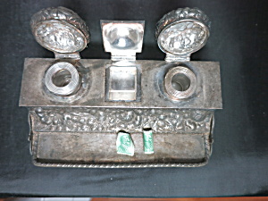 Victorian Simpson Double Inkwell Pen Tray Stamp Holder