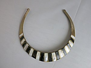 Brass Choker Necklace Mother Of Pearl Onyx Inlaid India