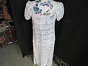Women White Crochet Lace Long Gown Dress Short Sleeve