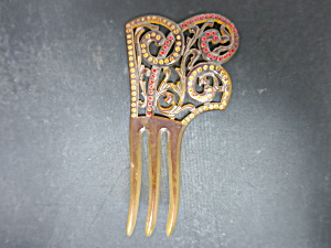 Vintage Amber Lucite Hair Comb Three Pronged With Stones