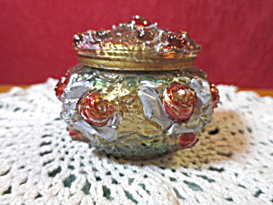 Antique Goofus Glass Powder Jar Cabbage Rose Gold Gild